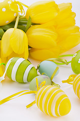 Image showing Colourful yellow and green spring Easter Eggs