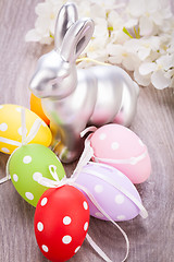 Image showing Easter still life with a silver bunny and eggs