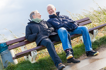 Image showing happy senior couple relaxing together in the sunshine