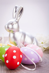 Image showing Easter still life with a silver bunny and eggs