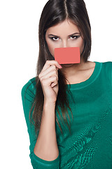 Image showing Female peeking out of blank card