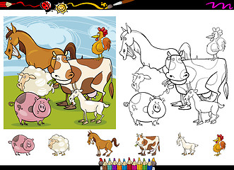 Image showing farm animals cartoon coloring page set