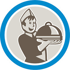 Image showing Waiter Serving Food on Platter Retro