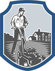 Image showing Gardener Mow Lawn Mower Woodcut Shield