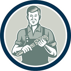 Image showing Plumber Holding Monkey Wrench Circle Retro