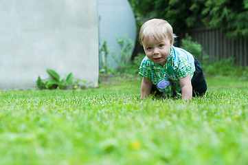 Image showing Baby boy crawling on the grass