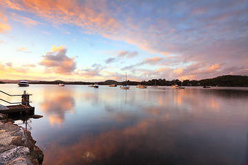 Image showing Sunset yachts and reflections Bensville Australia