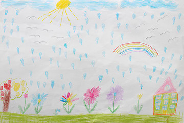 Image showing Children's drawing of house flowers and rainbow
