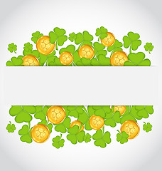 Image showing Celebration card with clovers and golden coins for St. Patrick's