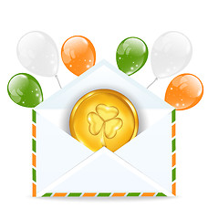 Image showing Envelope with golden coin and colorful balloons for St. Patrick'