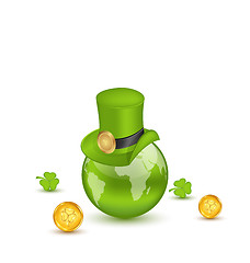 Image showing Planet Earth with hat, clovers and coins in saint Patrick Day. I