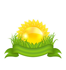 Image showing Nature symbols -  sun, green leaves, grass, ribbon