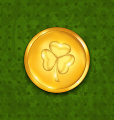 Image showing Golden coin with three leaves clover. Grunge St. Patrick's backg