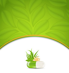 Image showing background for medical theme with green pill, flower, leaves, gr