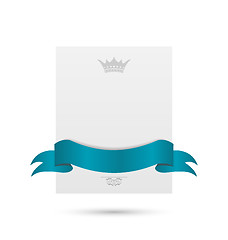 Image showing Celebration card with blue ribbon and crown isolated on white ba