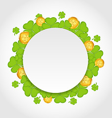 Image showing Greeting card with shamrocks and golden coins for St. Patrick's 