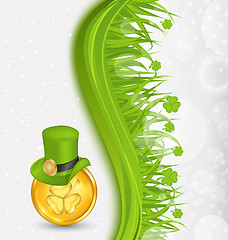 Image showing Natural background with coin, hat, shamrocks, grass. St. Patrick