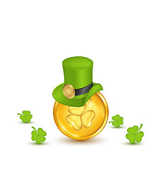 Image showing Background with hat, clovers and coins in saint Patrick Day