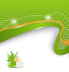 Image showing background for medical theme with green pill, flower, leaves, gr