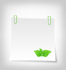 Image showing blank note paper with green leaves, isolated on white background