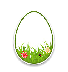 Image showing Easter paper sticker eggs with green grass and flowers