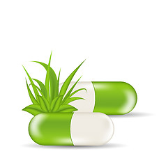 Image showing Natural medical pills with green leaves and grass, isolated on w