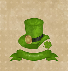 Image showing Green hat, clover, ribbon in saint Patrick Day