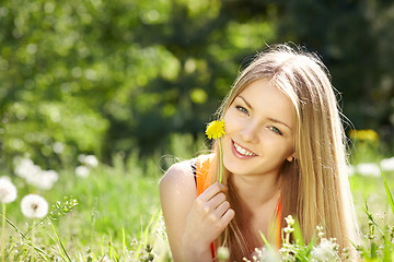 Image showing Spring girl lying on the field of dandelions