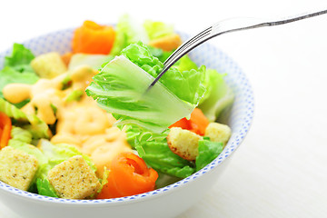 Image showing Salmon salad with silver fork