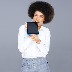 Image showing Beautiful African American woman with a tablet