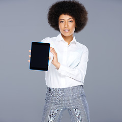 Image showing African American woman displaying a tablet-pc