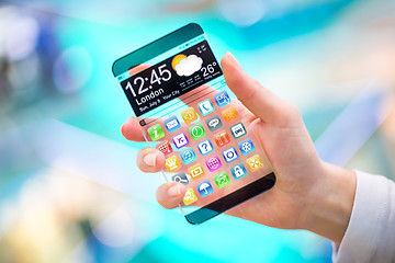 Image showing Smartphone with transparent screen in human hands.