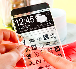 Image showing Smartphone with transparent screen in human hands.