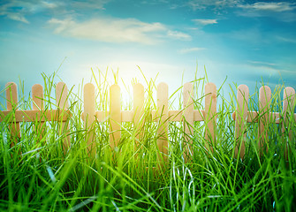 Image showing Wooden fence on blue sky background