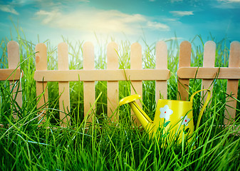 Image showing Wooden fence on blue sky background