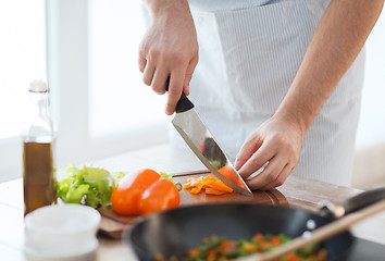 Image showing close up of male hand cutting pepper on board