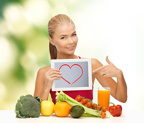 Image showing woman with fruits, vegetables and tablet pc