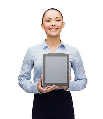 Image showing businesswoman with blank black tablet pc screen