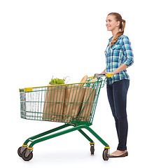 Image showing smiling young woman with shopping cart and food
