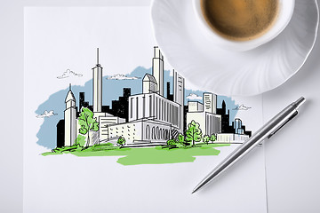 Image showing paper for note with city sketch and coffee