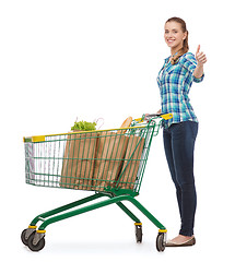 Image showing smiling young woman with shopping cart and food