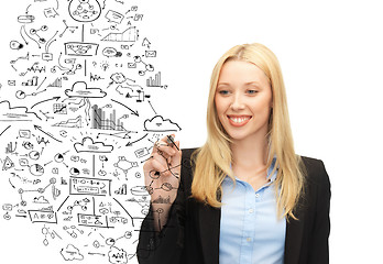 Image showing smiling businesswoman drawing big plan in the air