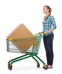 Image showing smiling young woman with shopping cart