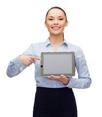 Image showing businesswoman with blank black tablet pc screen