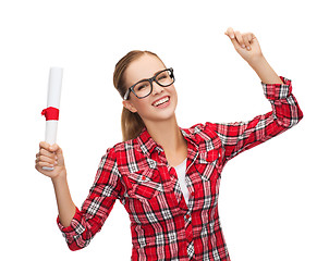 Image showing laughing woman in eyeglasses with diploma