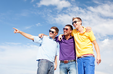 Image showing group of male friends walking on the beach