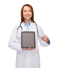 Image showing doctor with stethoscope and blank tablet pc screen