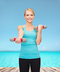 Image showing young sporty woman with light dumbbells