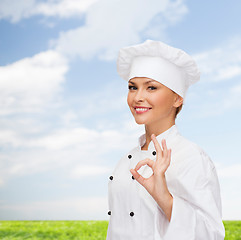 Image showing smiling female chef showing ok hand sign