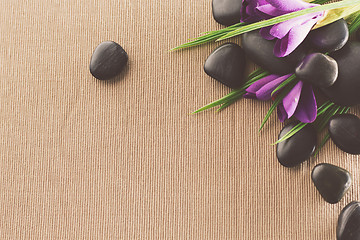 Image showing massage stones with flowers on mat